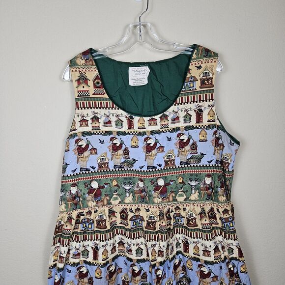 VTG 80s Christmas Sheath Dress Apron Womens Holiday Santa Winter Grandma Birds L - Picture 9 of 9